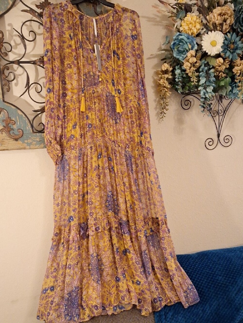 Anthropologie Mustard Yellow/Lavender Floral Tiered Maxi Dress. Size Medium NWT - Picture 6 of 15